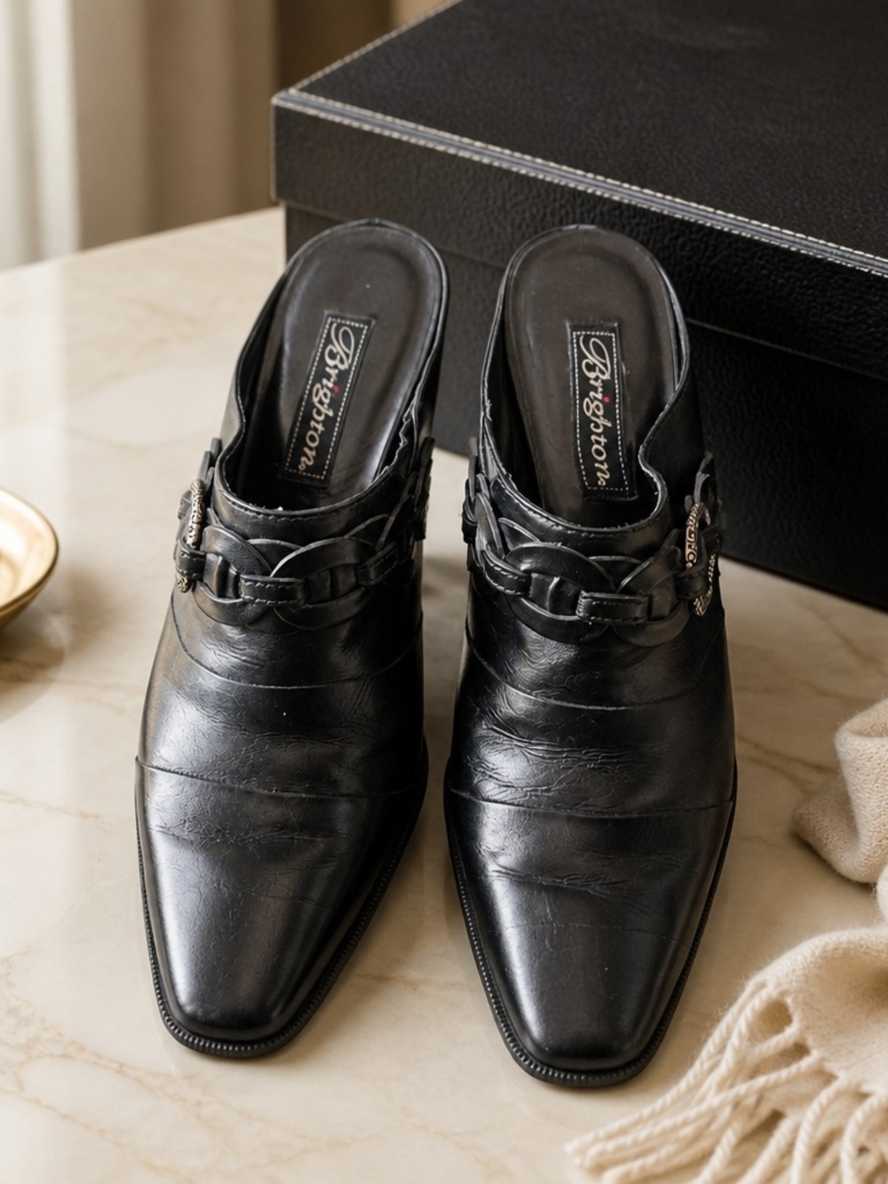 Brighton Black Leather Pointed Slip-On Mules with Chain Accent